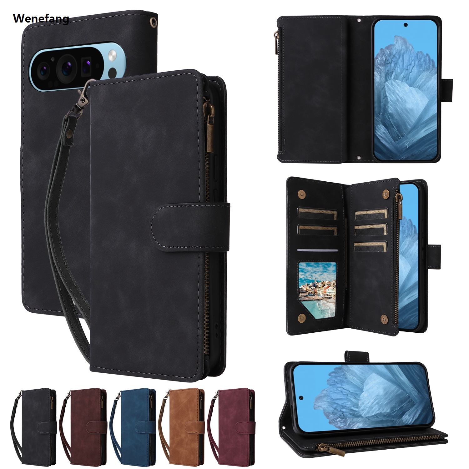 Wenefang CAESBON Wallet Multi-card Zipper Kickstand Magnetic Flip Leather Case For Google Pixel 10 Pro XL 9 Pro 9A 8 7 5 4A 4G 5G 3A XL