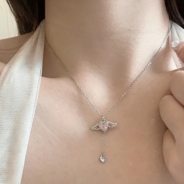 1 Pcs Anti Tarnish Stainless Steel Flying Angel Wing Pendant Necklace for Women and Girls - Silver Color With Pink & White Spark (Memorable Gift)