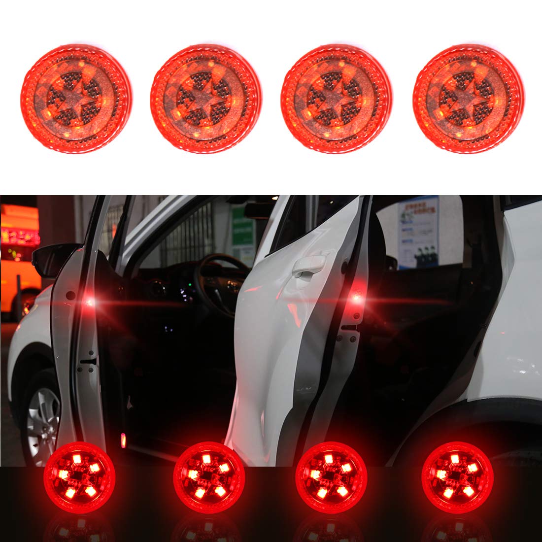 4pcs Flashing LED Car Door Opening Warning Light Magnetic Wireless Strobe Flashing Signal Lights Safety Lamp ( RED Colour Light )