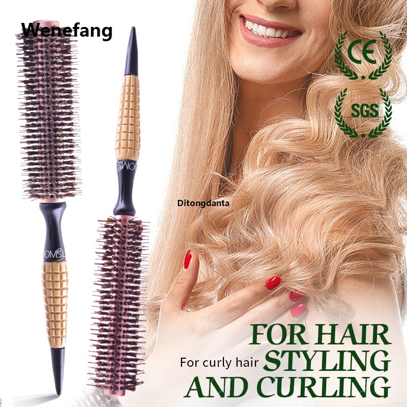 Wenefang Professional Curl Hair Blow Barrel Hair Brush Brie Boar Styling Hair Comb Anti-static Curl Brush Wood Comb
