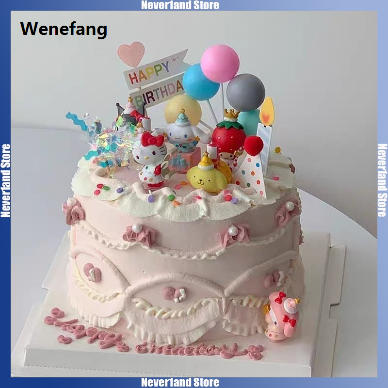 Wenefang Sanrio Hello Kitty Cake Topper Decoration Set Kuromi Melody Pvc Profesional Anime Figure Cake Ornaments Happy Birthday Bake Supplies Gifts
