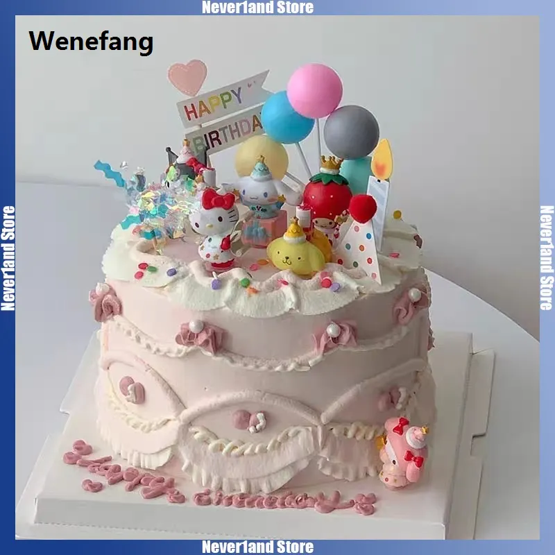 Wenefang Sanrio Hello Kitty Cake Topper Decoration Set Kuromi Melody Pvc Profesional Anime Figure Cake Ornaments Happy Birthday Bake Supplies Gifts
