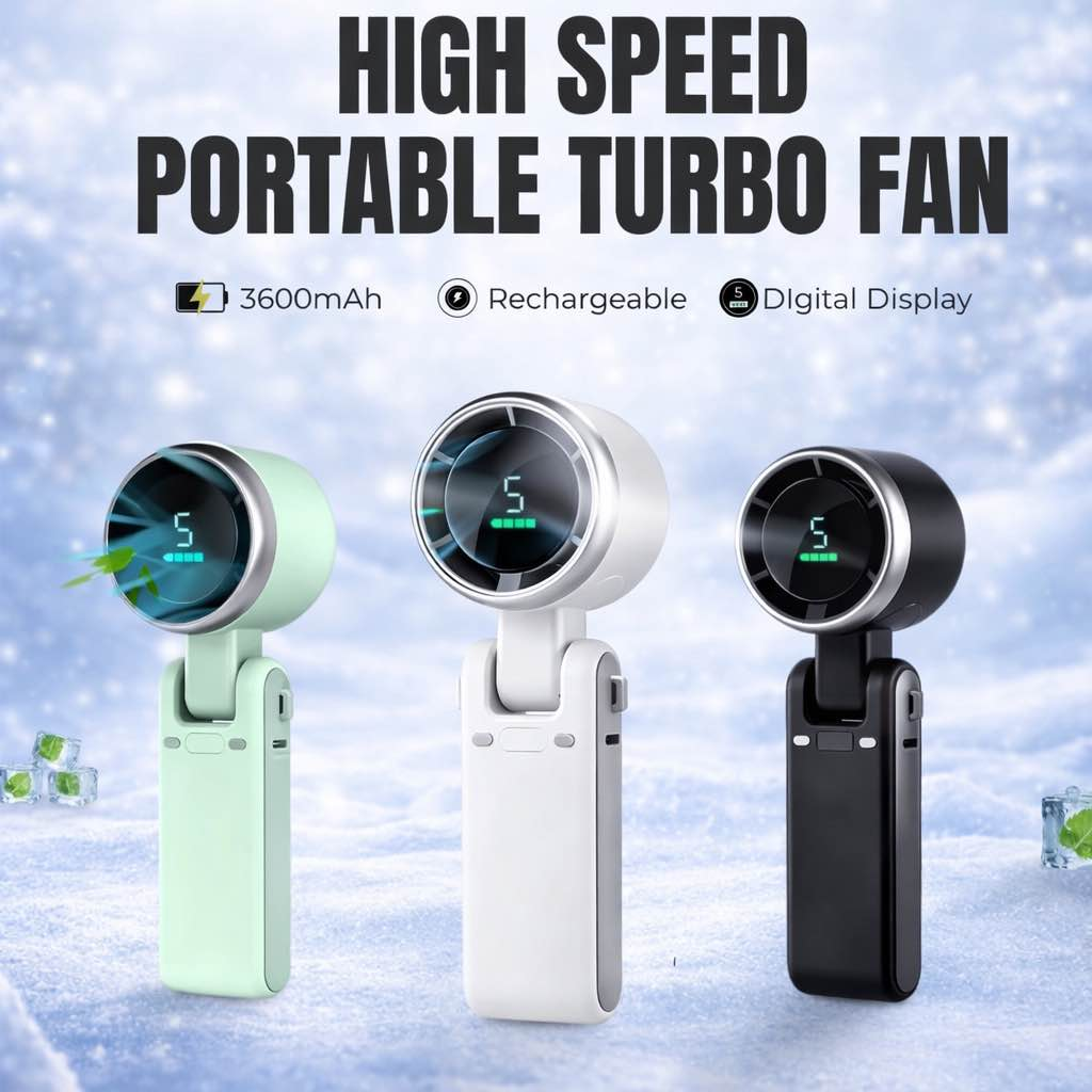 Prime Picks Premium Turbo Fan Handheld Rechargeable Fan | 5-Speed Portable Mini Hand Fan with 1200mAh Battery, USB Charging, Foldable Pocket Fan, Neck Hanging Fan with Display for Travel, Office & Outdoor