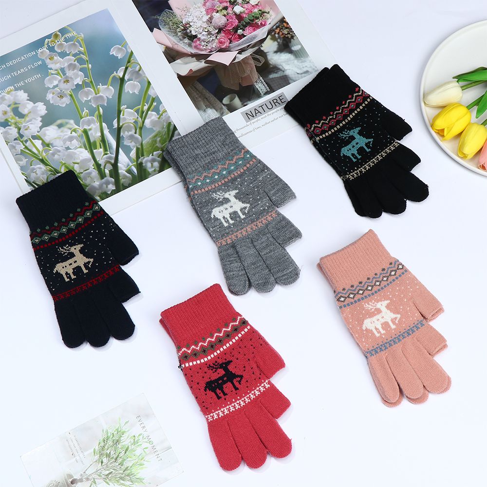 1 Pair For Writting Cycling Screen Touch Faux Cashmere Autumn Winter Two-finger Exposed Fingerless Knitted Gloves Cartoon Deer Pattern