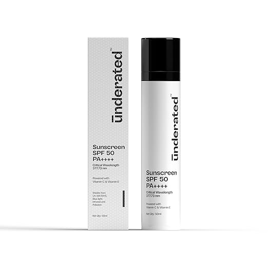 Underated Sunscreen SPF 50 PA++++ Powered With Vitamin C & Vitamin E For Broad Spectrum UV A UV B & Blue Light Protection | No White Cast Silicone Free Non-Greasy Formula Non-Comedogenic For All Skin Types | 50g