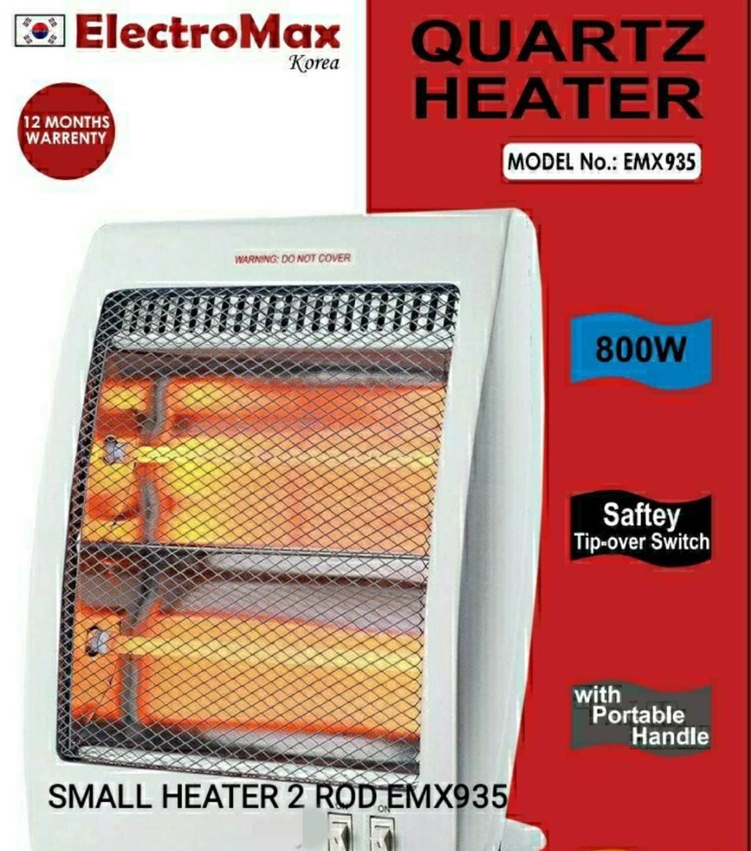 Electromax Quartz Room 2 Rod Heater White 800W With Portable Handle BOS