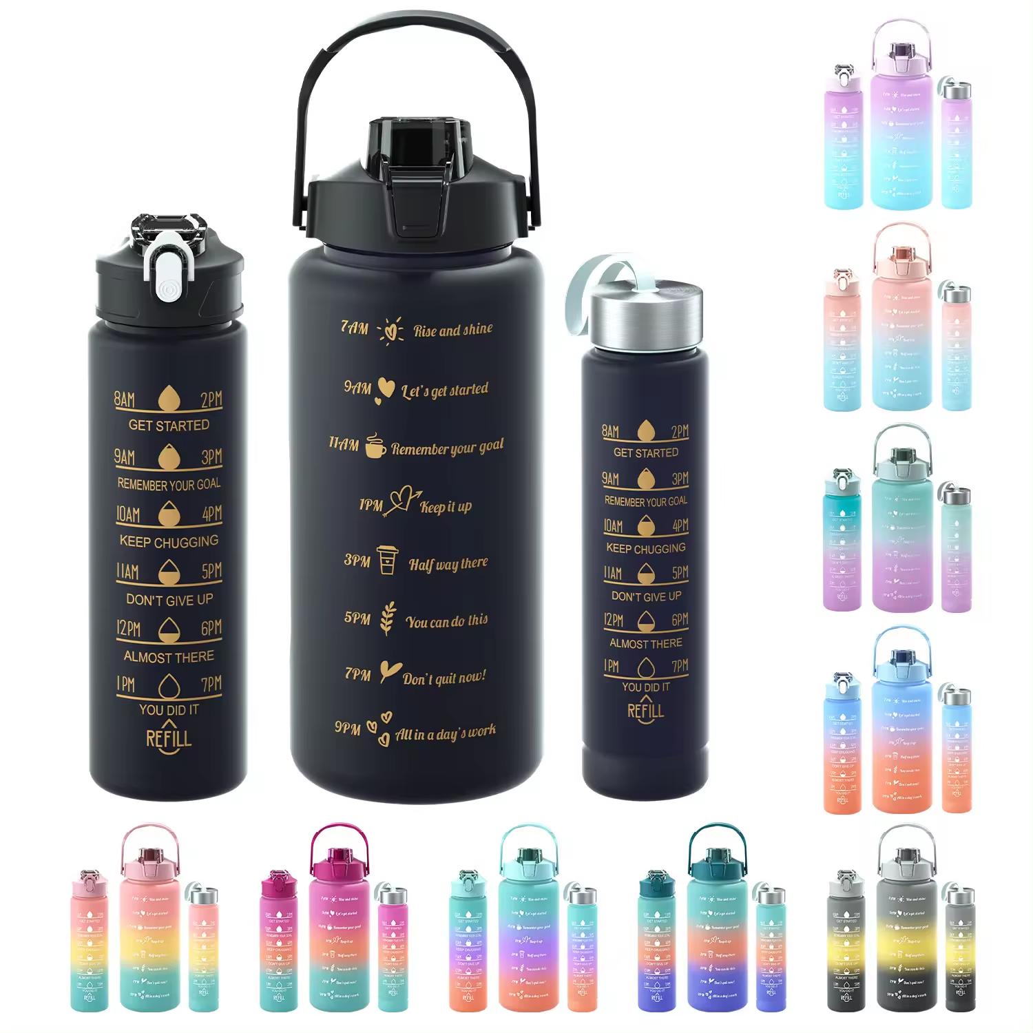 3 In 1 Colourful Sports Water Bottle(2000ml-900ml-300ml) Southeast Asia New Gradient Color Water Cup Double Drink Portable Hexagon Kettle Handle PP Bottle