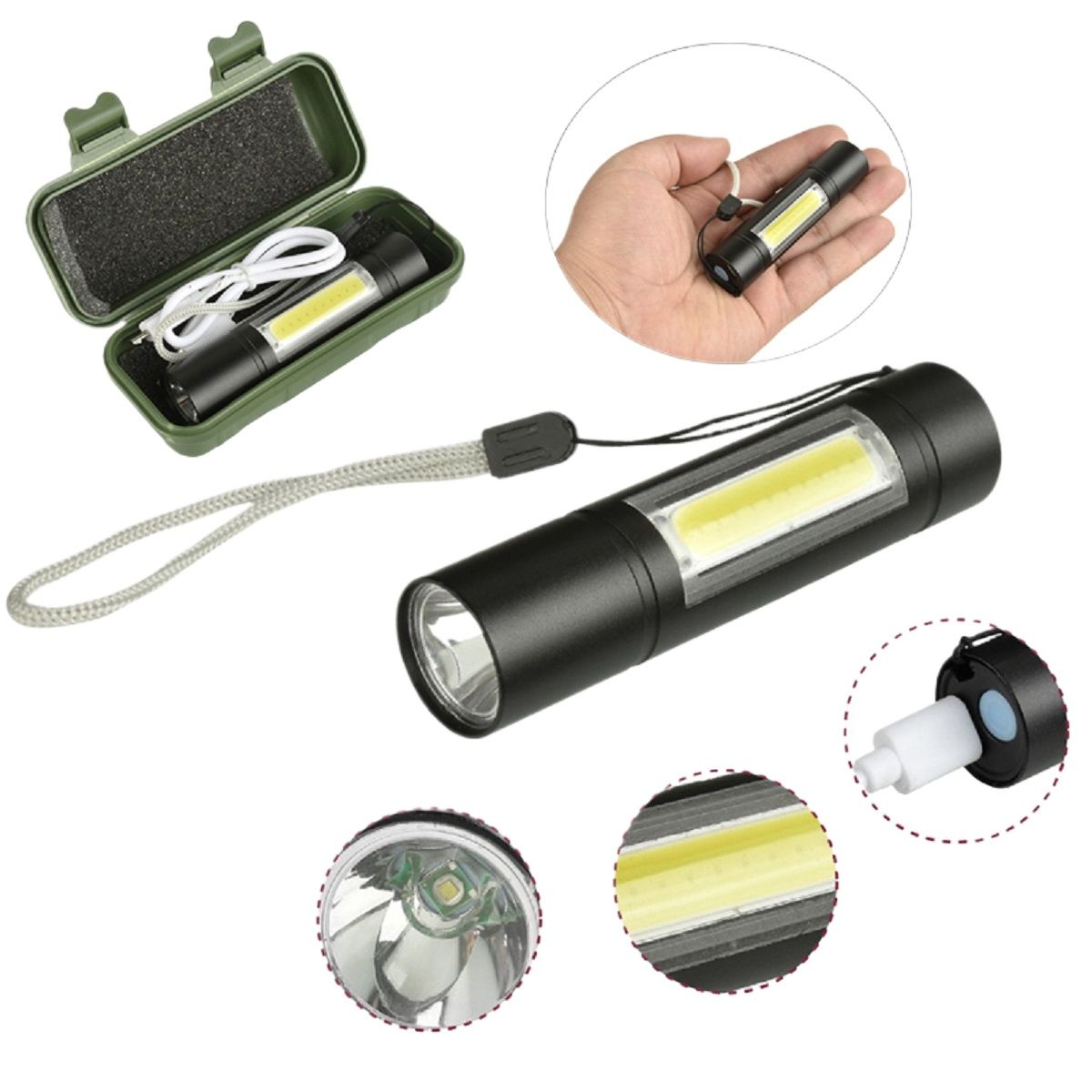Mini Torch Light,USB Rechargeable Brightness Working Pocket Lamp With Free Torch Box,COB LED Flashlight (Assorted Color)
