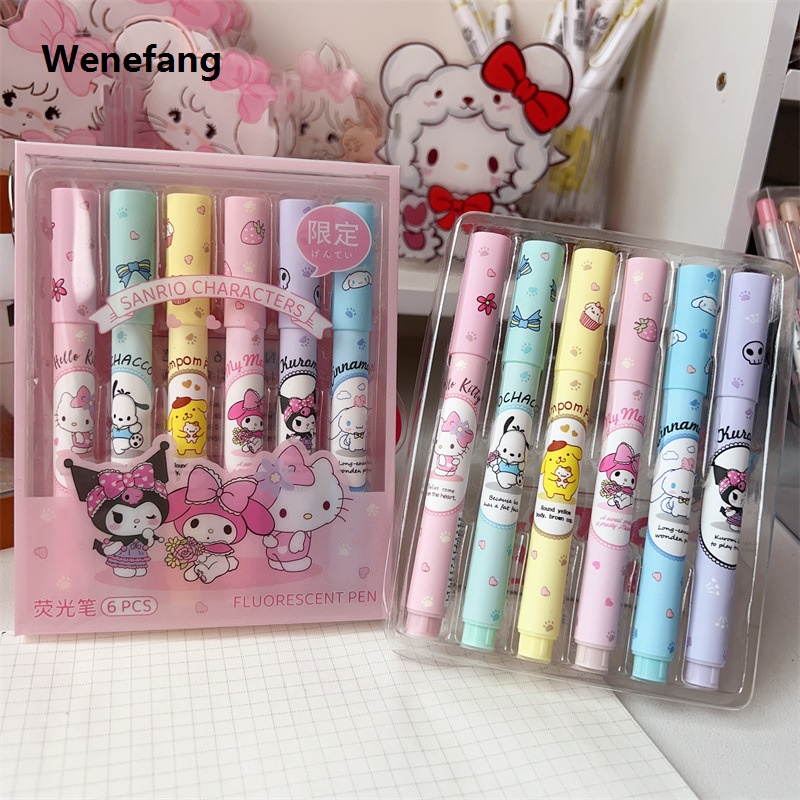 Wenefang 6Pcs Sanrio Highlighter Pen Set mymelody Kuromi Cinnamoroll Pom Pom 【2025 Version】 Purin Pochacco Markers Stationery Mini Felt-tip Highlighters