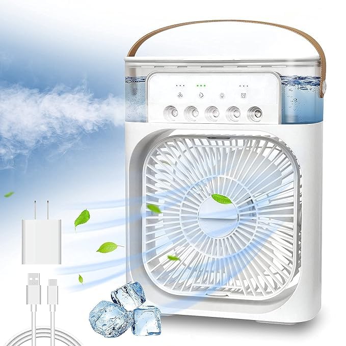 Portable Air Conditioner Fan, 500 ml Water Tank USB Personal Cooler, Mini Humidifier Fan with 7 Colors LED Light, 3 Timer, 3 Wind Speeds, 3 Spray Modes for Office, Home