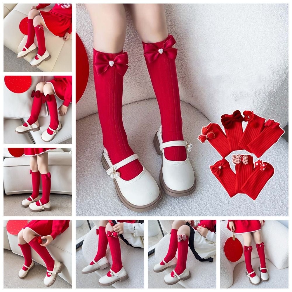 Cute Female Hosiery New Year Red Socks Bow Cotton Children Red Socks Lace Middle Tube Socks Autumn