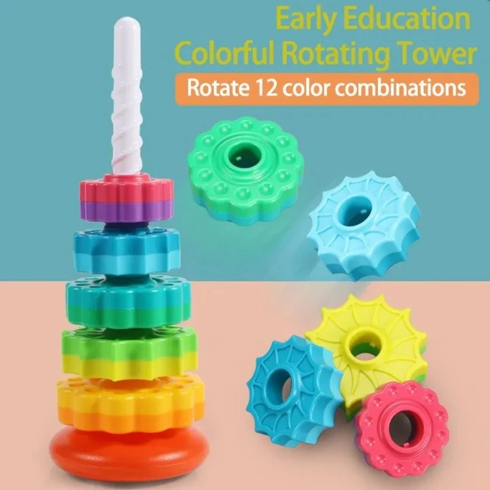 Kids Learning Toys Montessori Rotating Rainbow Tower Safety Spinning Baby Stacking Puzzle Toys Early Educational Environmental Protection Colored Children's Toys Infant