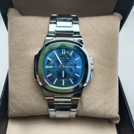 Silver Color Blue Dial Stainless Steel Metrial Square Shape Durable Quality Anolog Watch For Men