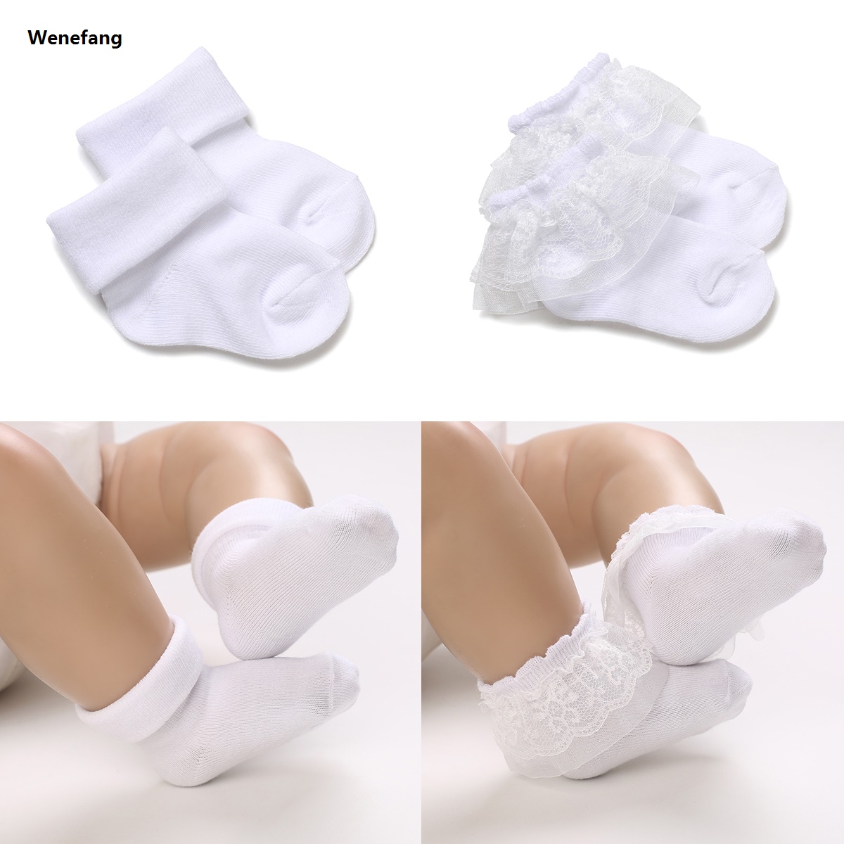 Wenefang 4 Pairs of Cute Lace Cotton Baby Socks 0-1 Years Old Boys and Girls Short Socks Newborn White Baptism