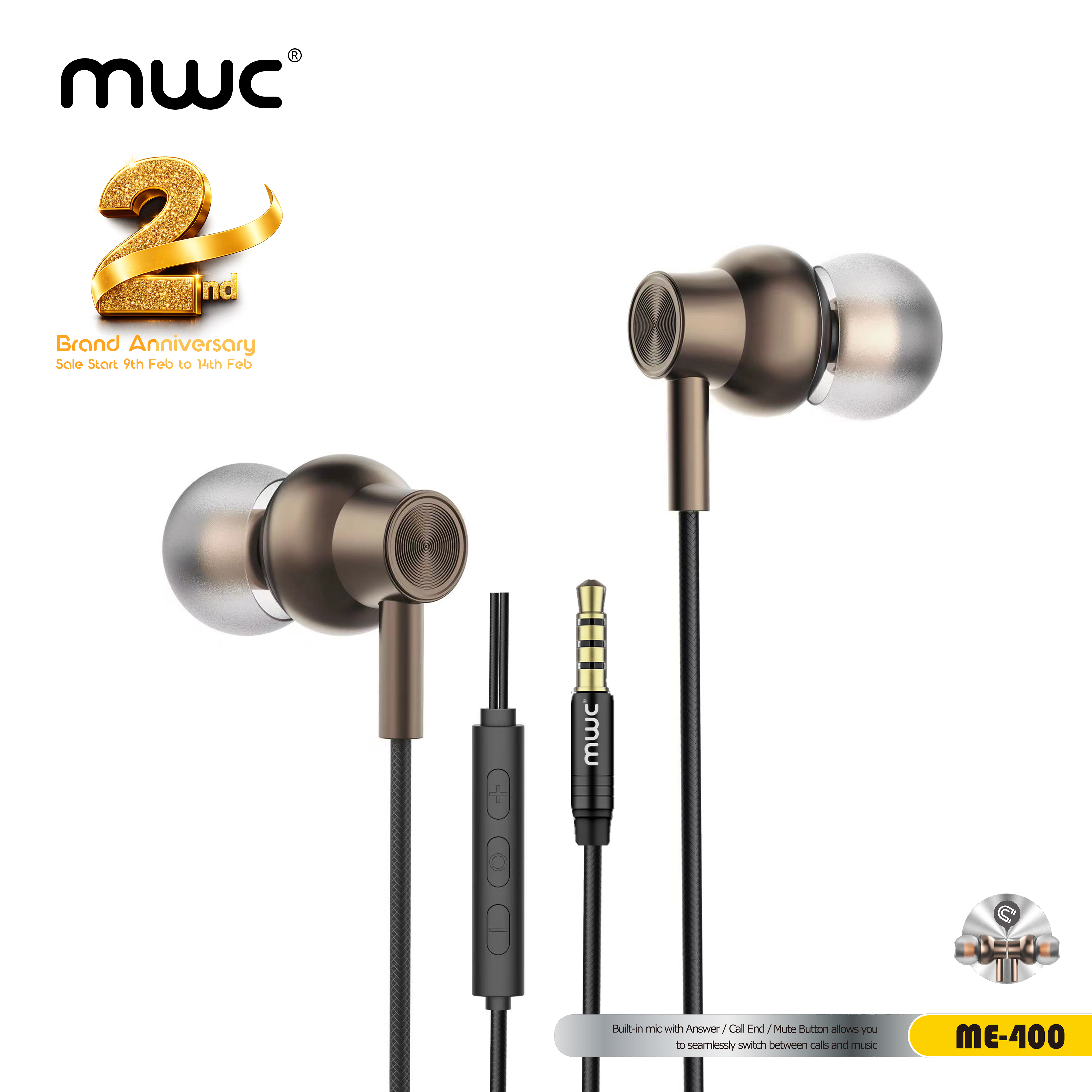 MWC ME-400 | In-ear Wired Earphone | 10mm Dynamic Speaker with Extra Bass | Volume keys with microphone | Stereo Surround Sound |1.2m TPE Cable | 3.5mm Audio Pin | Deep & Clean Bass | 6 month Warranty