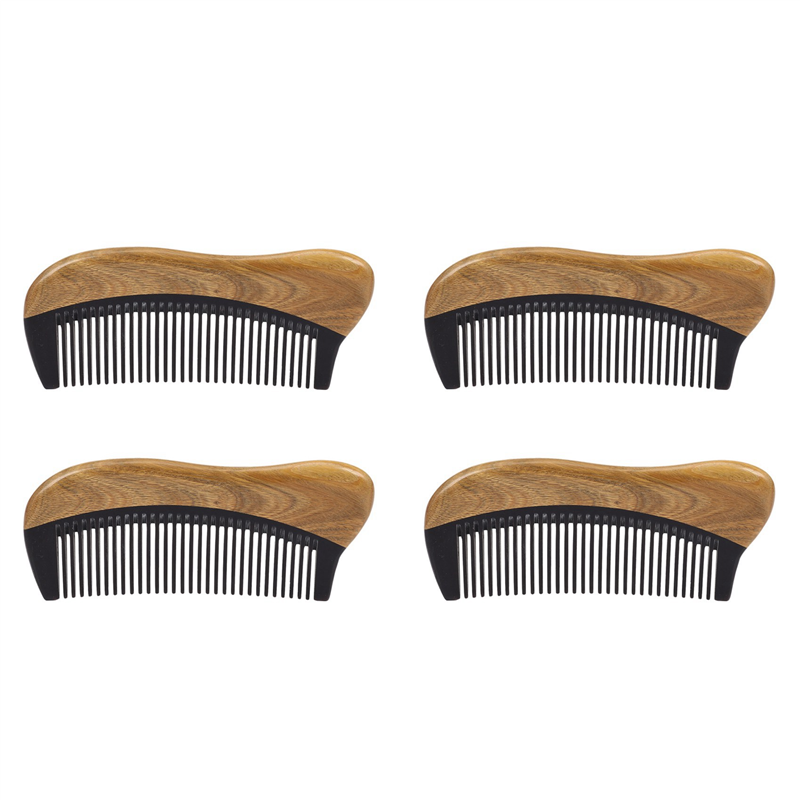 4X Natural Green Sandalwood Hair Comb - No Static Wooden Fine Tooth Black Horn Comb (Green Sandalwood)