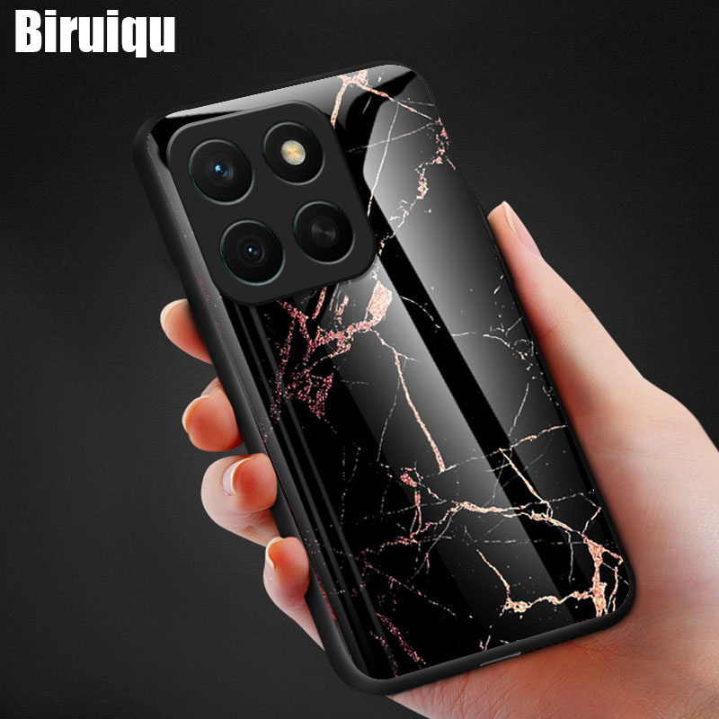 Biruiqu For HONOR 400 Fashion Marble Tempered Glass Back Case Cover