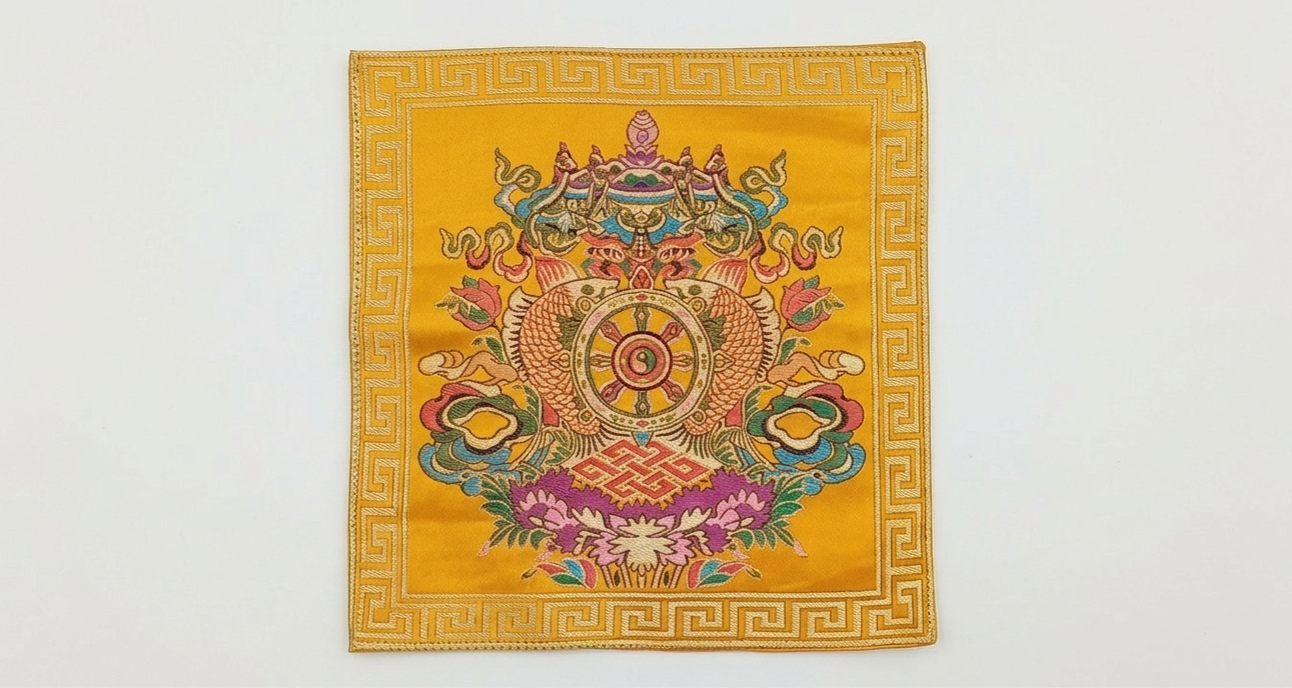 Handmade Tibetan Buddhist Brocade Altar Cloth - Premium Embroidery Silk Ritual Mat for Singing Bowl, Bell & Dorje (22cm x 22cm)