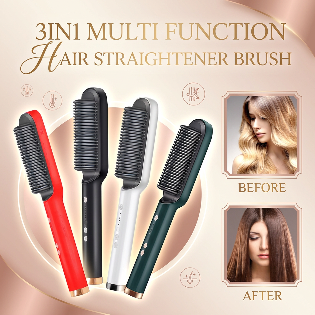 Prime Picks Premium 2-in-1 Ionic Hair Straightener Brush & Hot Comb | Ceramic PTC Fast Heating Hair Straightening Brush | Electric Hair Styler, Straightener & Curler with 5 Temperature Settings, Anti-Scald