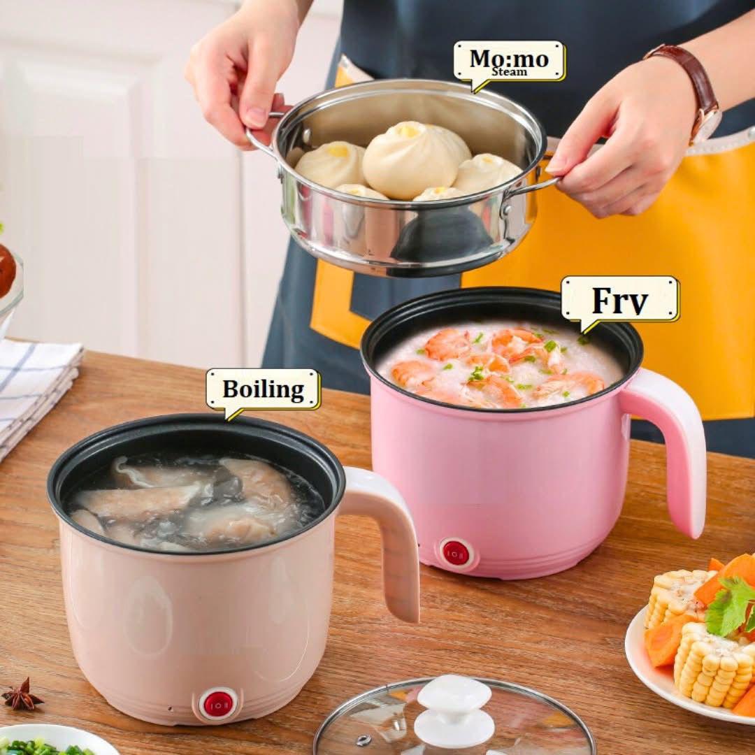Multifunction Electric Hot Pot Cooker with Steamer - Non-Stick, Stainless Steel Mini Cooker for Ramen, Noodles, Rice, Soup, Eggs & Momo | Portable, Anti-Scald Travel & Dorm Kitchen Appliance BOS