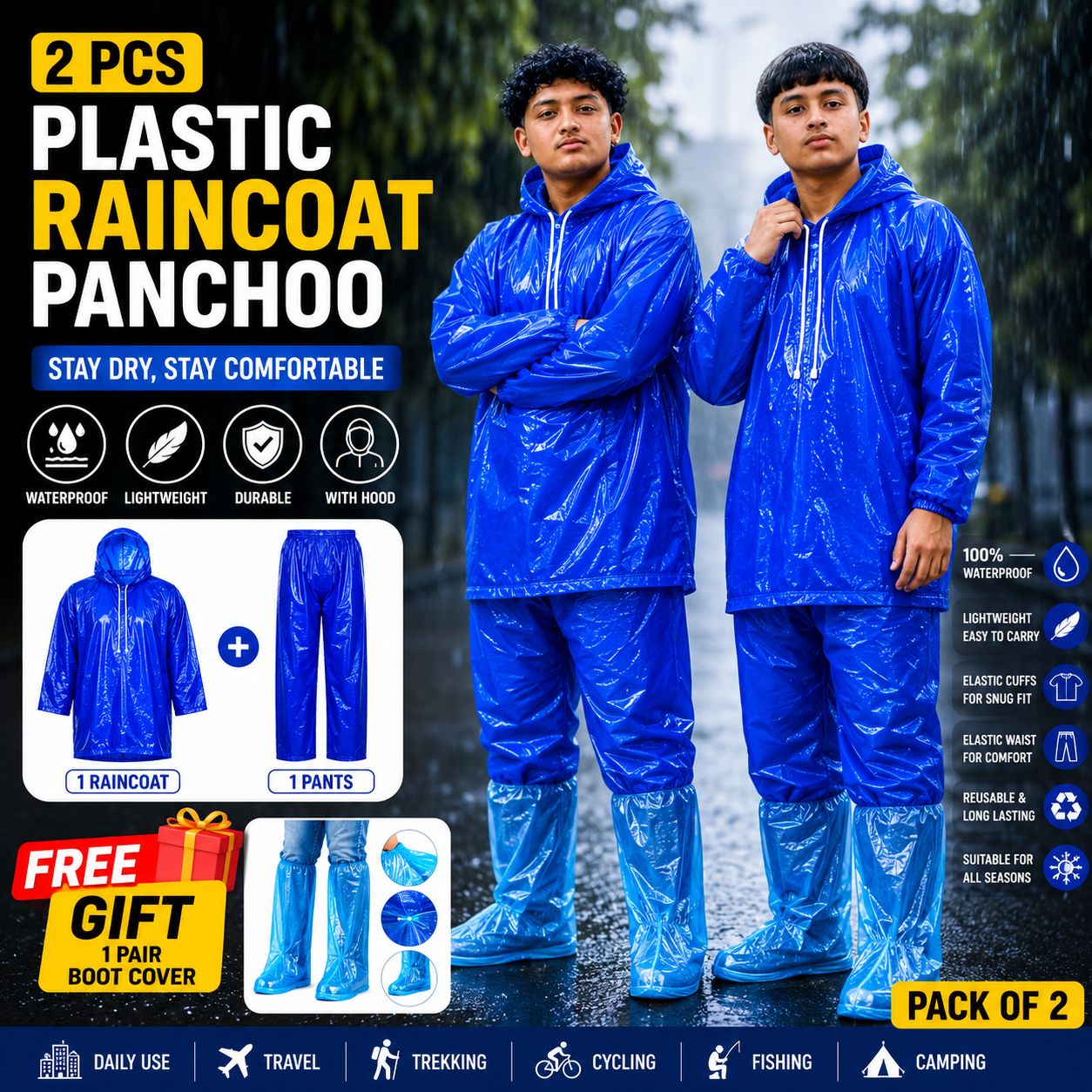 2 PCS Waterproof Plastic Raincoat Set with Hood | Lightweight Reusable Rain Suit for Men & Women | Full Body Rain Protection Panchoo Set