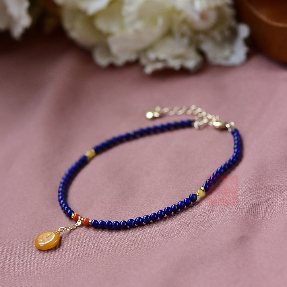 【New arrival】Natural lapis lazulestone anklet female temperament soft simple cute with beeswax south red pearl 14k bag gold chain