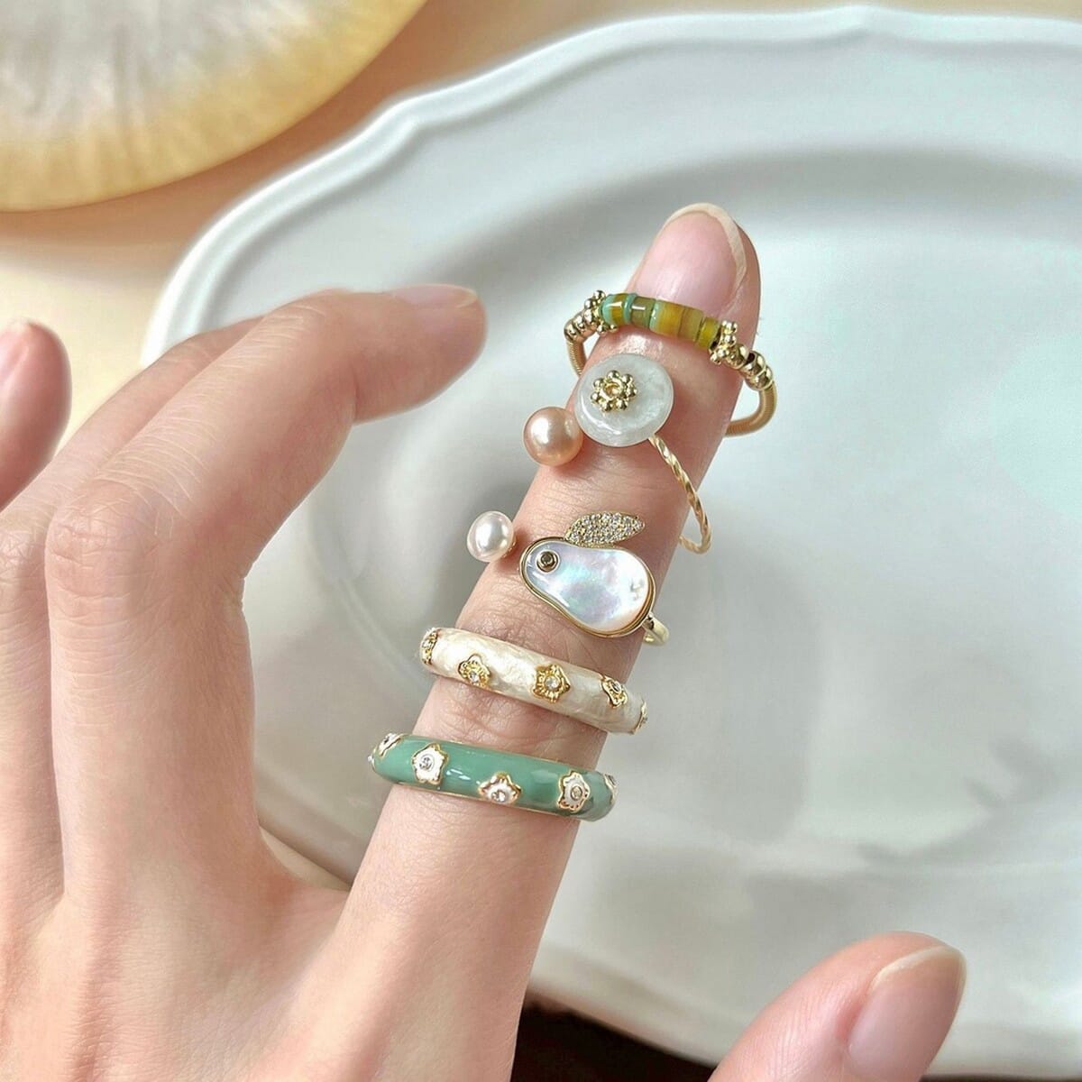 Enacolor 1Pc Cute Bunny Enamel Flower Rings Adjust Crystal Open Rings for Girl Accessories Ins