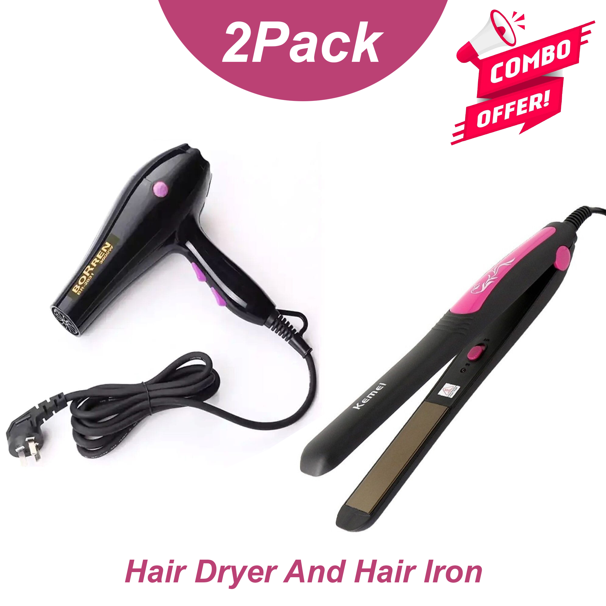Combo Offer - Kemei KM-328 Professional Hair Straightener + Borren BR-2031 Powerful Hair Dryer | Hair Styling Set for Smooth Straight Hair & Quick Drying