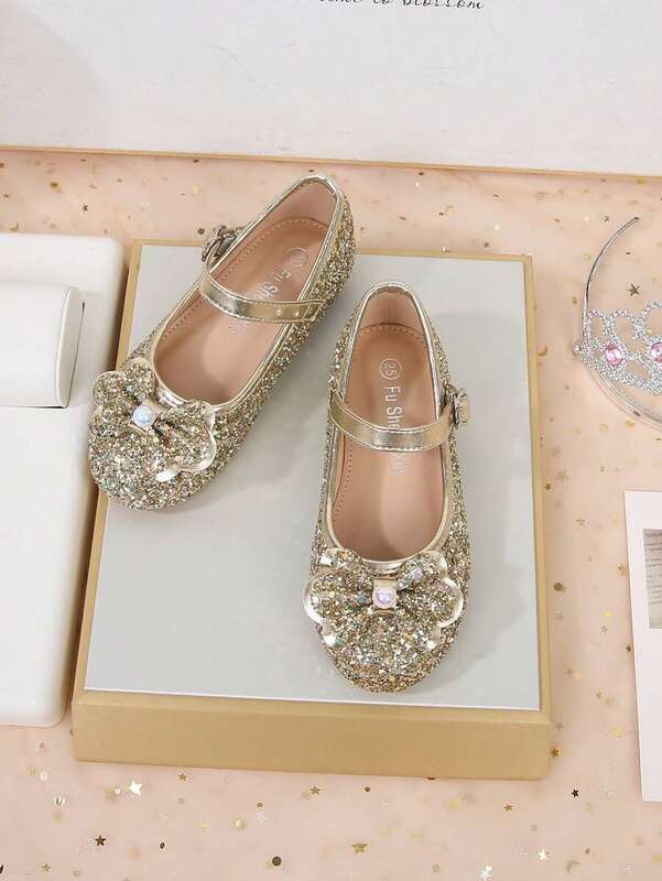 Girls Shiny Sequin Bow Party Wedding Dancing Flat Shoes