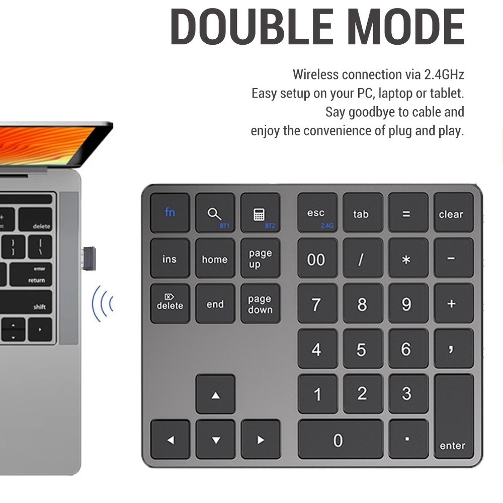 Mini 2.4G and Bluetooth Wireless Keyboard Rechargeable 35 Keys Mini Digital Keypad Ergonomic Slim Design Wireless Numeric Keypad Office