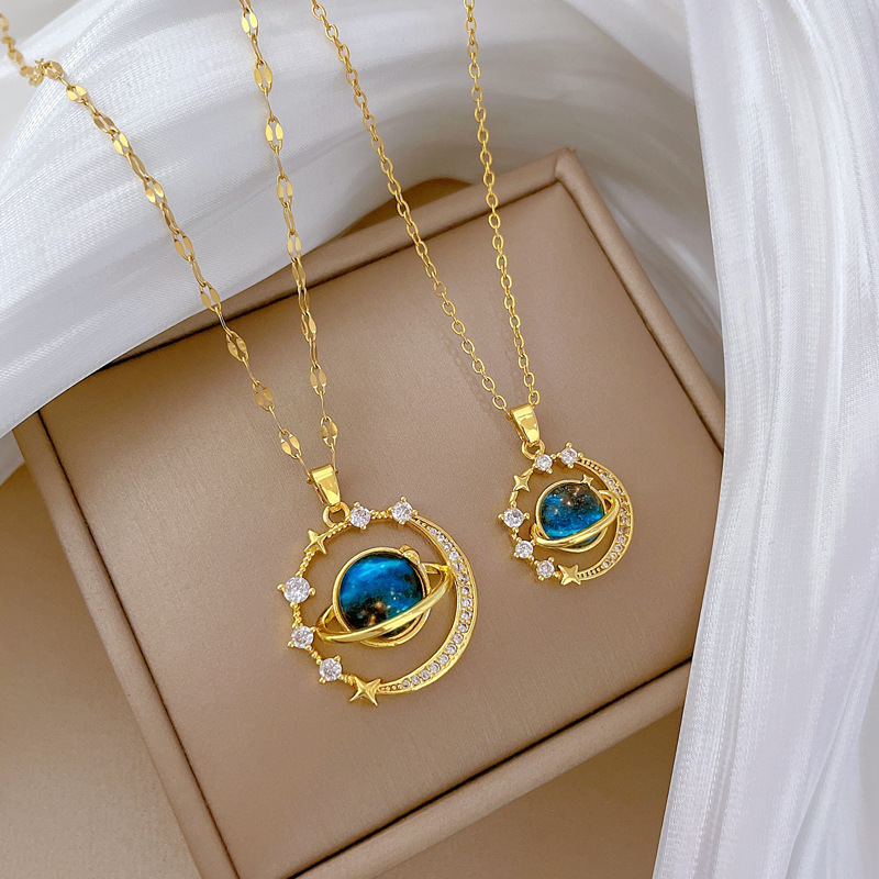 【New arrival】[Titanium Steel] Starry Sky Stars Moon Full Diamond Light Luxury Temperament Gorgeous Full Diamond Necklace Women's All-match Clavicle Chain Titanium Steel