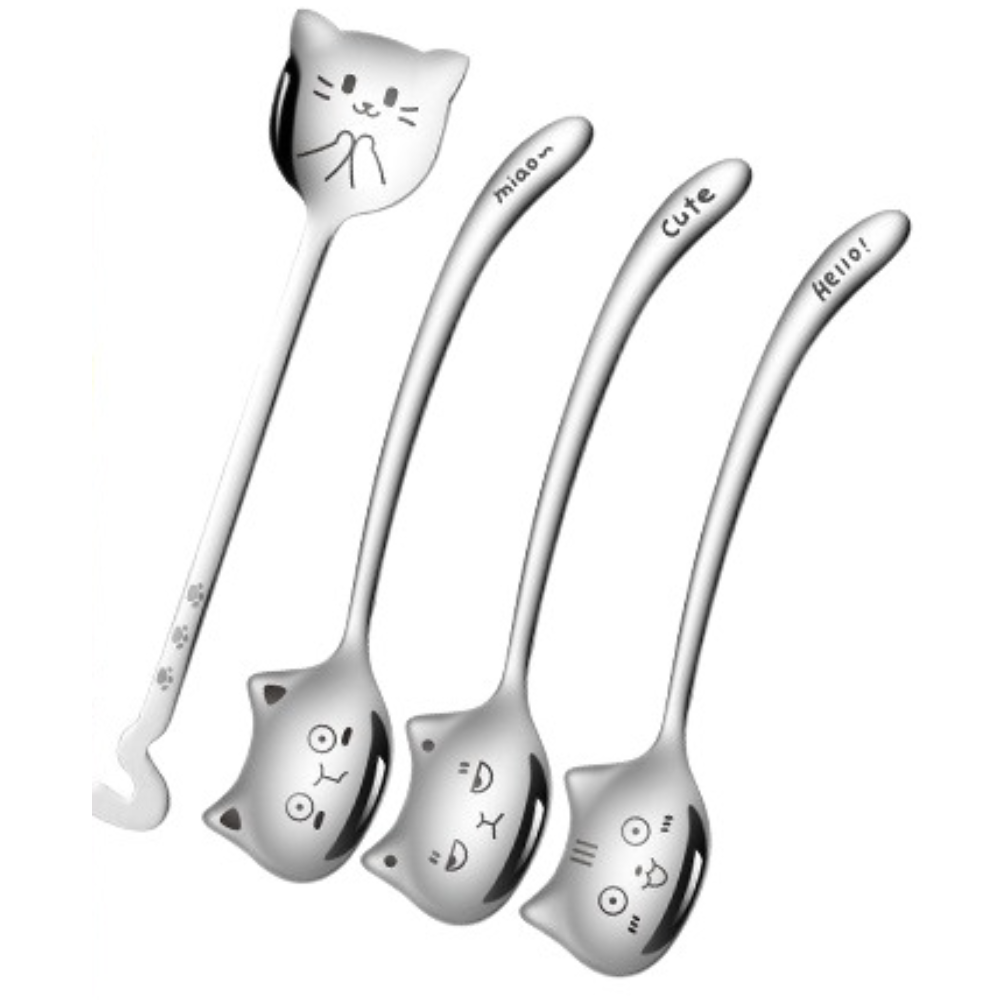 Funny Stainless Steel Coffee Spoon Set Cartoon Long Tail Cat Spoons 304 Tableware Cafe Supplies Meow Teaspoons Kitchen Accessories