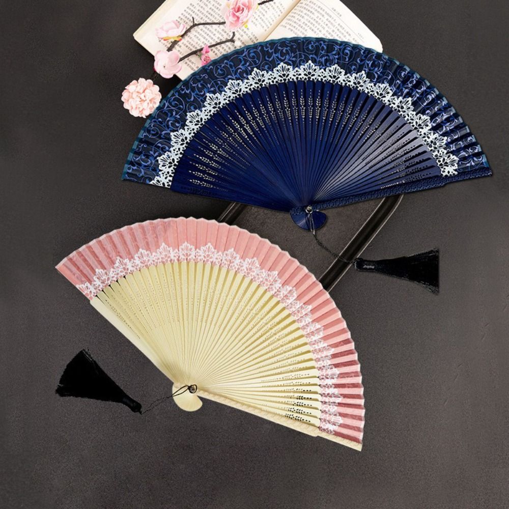 Handheld Fan Silk Cloth Chinese Style Folding Fan Lace Trim With Tassel Color Changing Folding Fan Bamboo Material Handicraft Fan Hanfu Photography