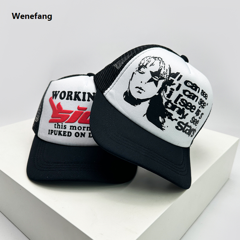 Wenefang American Style Cruise Printed Anime New Letter Mesh Trucker Caps Hot Selling Sunshade Breathable Baseball Hats Men Women Versatile Fashion