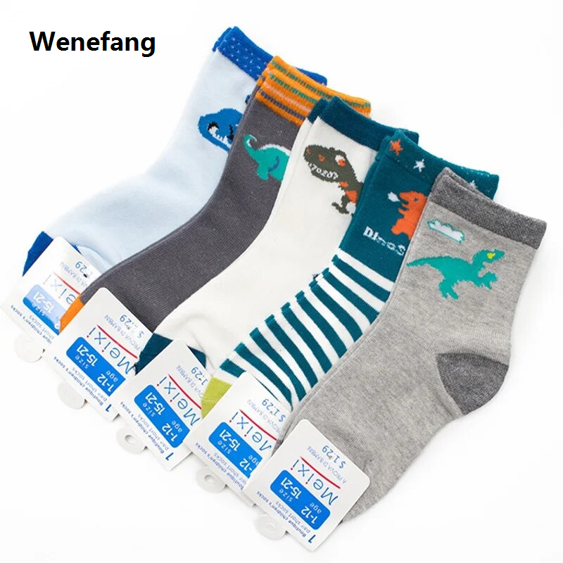 Wenefang Children Socks Spring Autumn New Cotton Cute Cartoon Dinosaur Pattern Boys Socks Girls Socks 2-12 Year Kids Socks 5 Pairs
