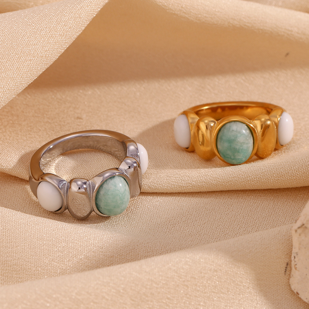 Elegant Retro Ring Stainless Steel Plated Oval Tianhe Stone White Jade Contrast Ring Women