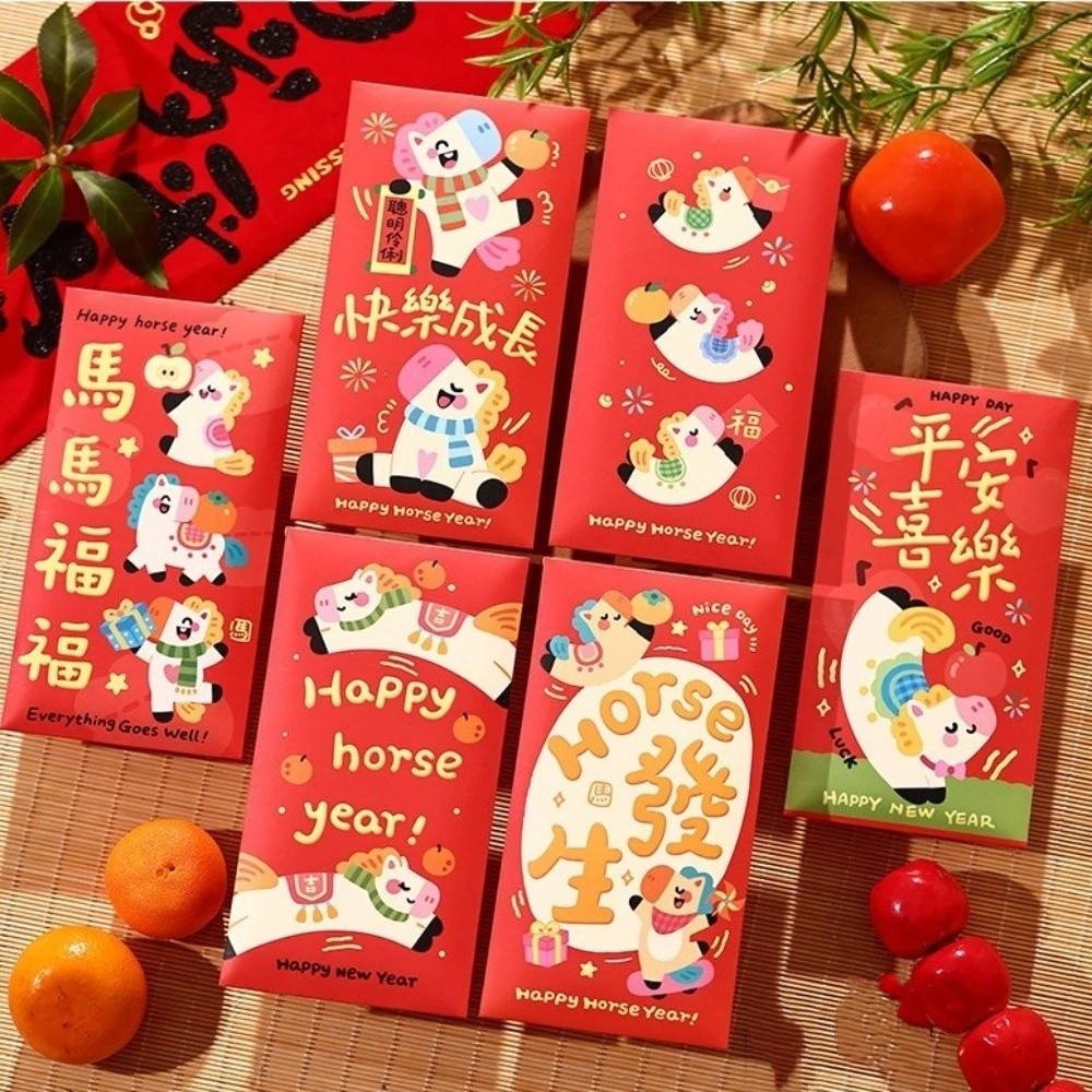 6pcs/set 2026 New Year Horse Zodiac Red Envelopes Cartoon Color Printing Spring Festival Red Packets Traditional Blessing Cash Packets Chinese New Year