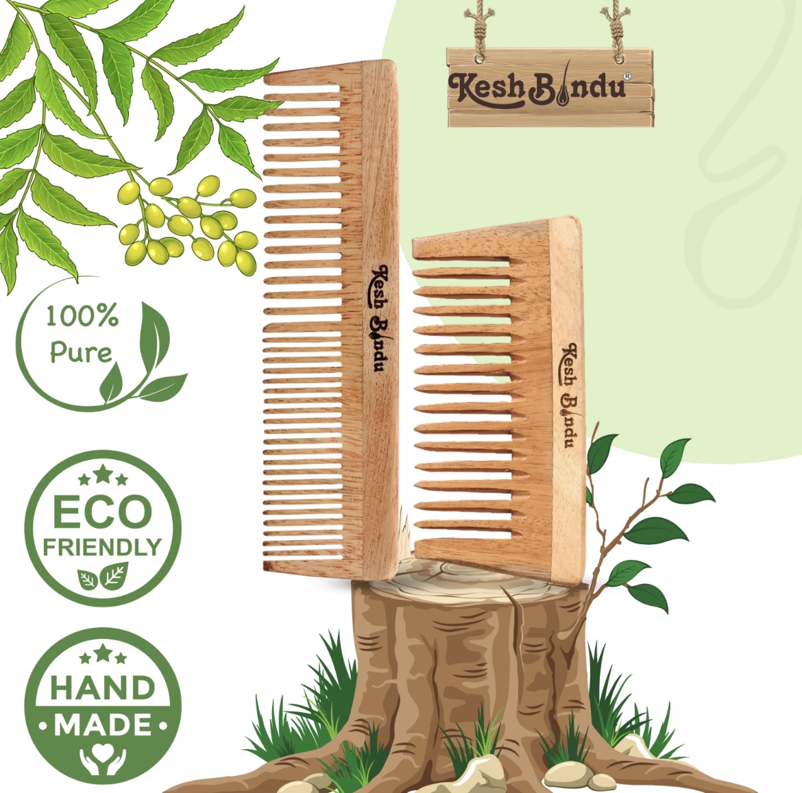 KeshBindu Neem Wooden Combs For Men & Women Suited For All Hair Types (Dual Tooth Comb + Tail Comb)