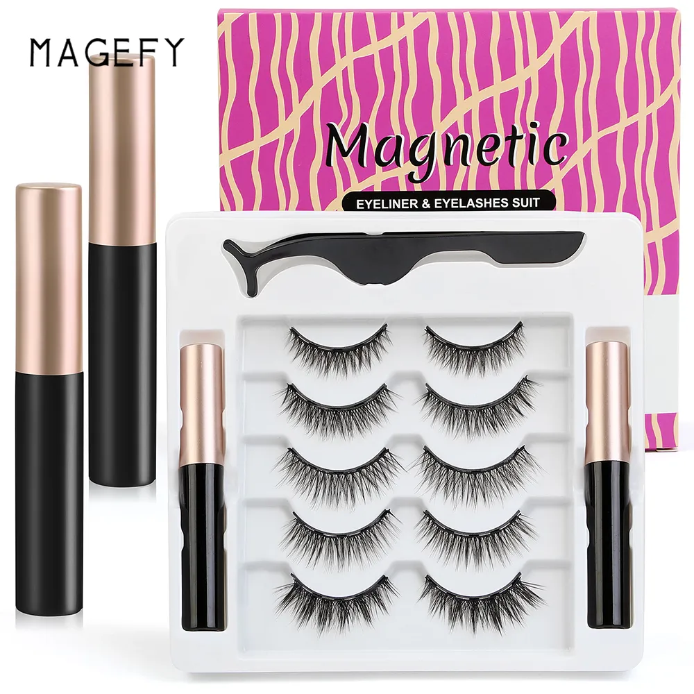 MAGEFY 5 Pairs Natural Mink Magnetic False Eyelashes Set With 2 Eyeliner MGY7131