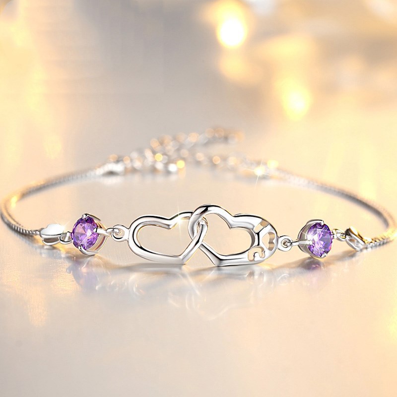 Jin Yali cross-border accessories simple inlaid amethyst double heart bracelet women's heart-to-heart bracelet one piece drop shipping