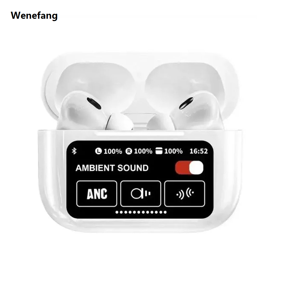 Wenefang Airpods Pro 2 Full Touch Screen Display Wireless Earbuds With ANC/ENC Double Dark Noise Reduction 2025 New A9 Pro Touch Control Airpods with Display Premium Quality Airpods Pro 2nd Generation