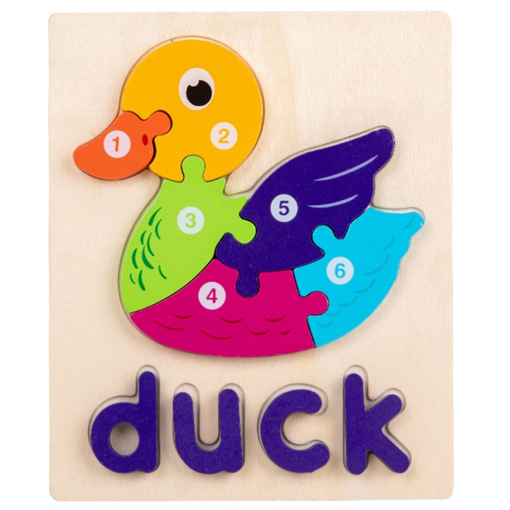 Colorful Wooden Duck Shaped Numerical Number with Animal Name Puzzle for Kids - 3D Montessori Early Learning & Educational Toys