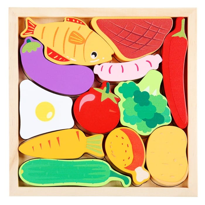 Montessori Educational Wooden Food & Vegetable Puzzle - 3D Jigsaw Board & Shape Sorter - Early Learning Toy for Toddlers & Kids (16.5cm)
