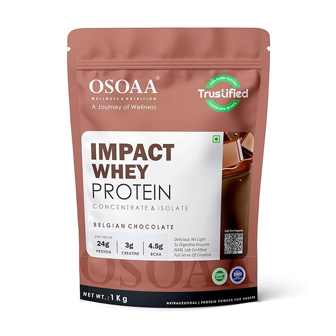 Osoaa Impact Whey Protein 1KG | Isolate & Concentrate | 24G Protein & 3G Creatine | 5X Digestive Enzymes for better Absorption | NABL Lab Tested | Belgian Chocolate Flavour