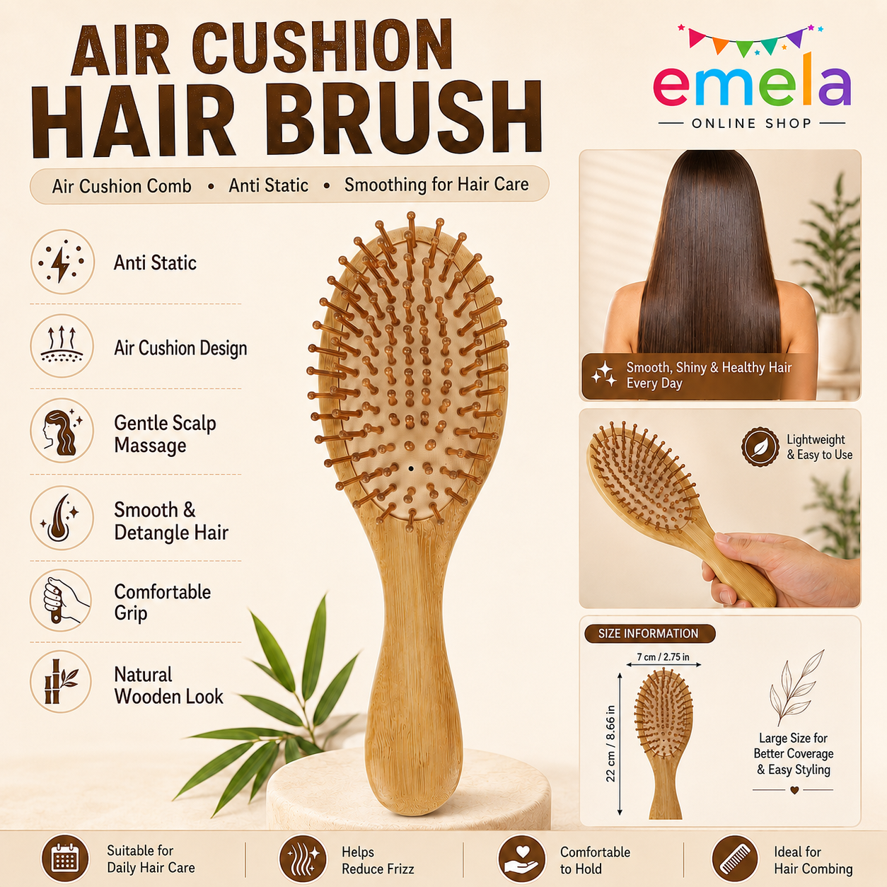 Premium Bamboo Paddle Hair Brush | Wooden Scalp Massage Comb | Anti-Static Detangling Hairbrush for Women & Men | Suitable for All Hair Types