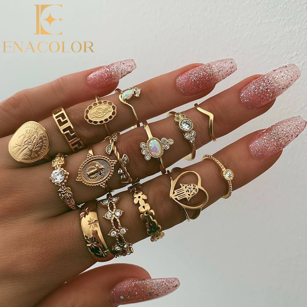 Enacolor 15Pcs/Set Retro Gold Ring for Women Elegant Jewelry Joint Rings Set for Girls Accessories Gifts Wholesale