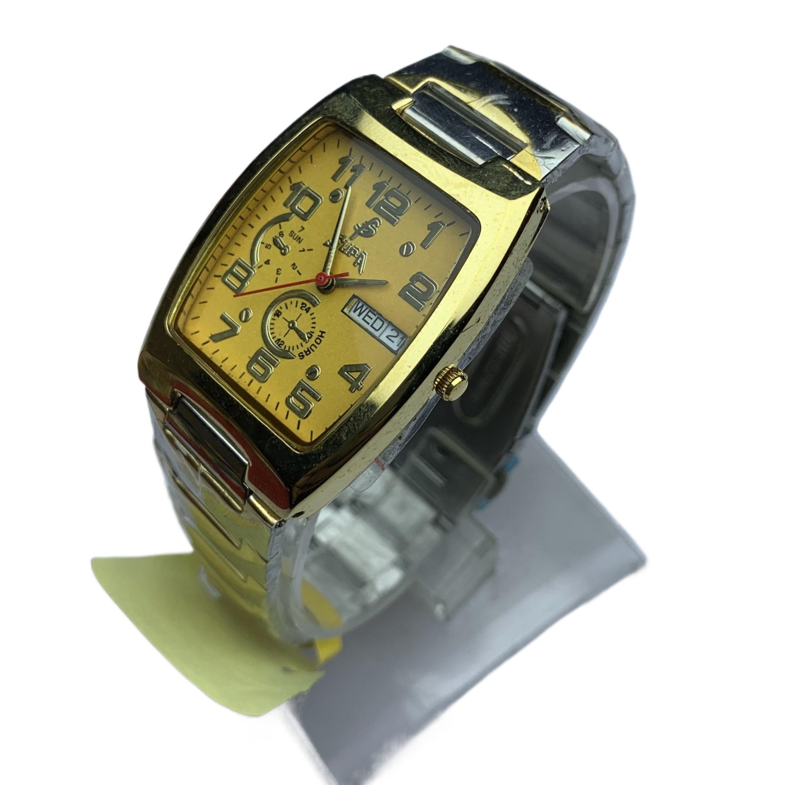 New Attractive Design Square 1,2,3,4 Numbering Gold Dial Stainless Steel Gold Chain Day Date Function Fashionable Waterproof Watch For Men - Sold By Watch House