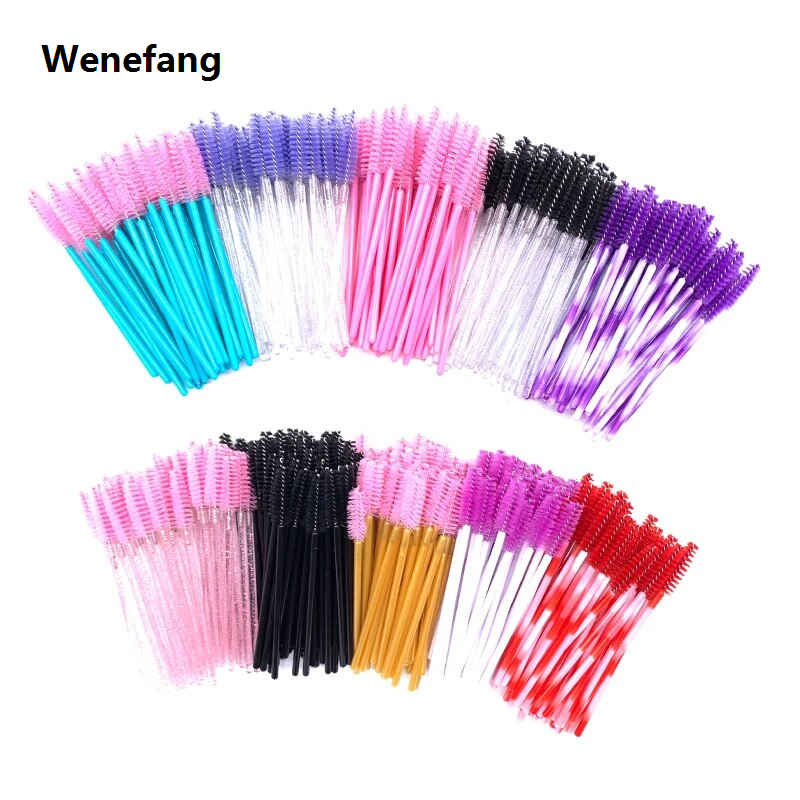 Wenefang 50 Pcs Shiny Crystal Eyelash Applicator Disposable Diamond Handle Nylon Two Colors Mascara Wands Spoolies Pink Brushes