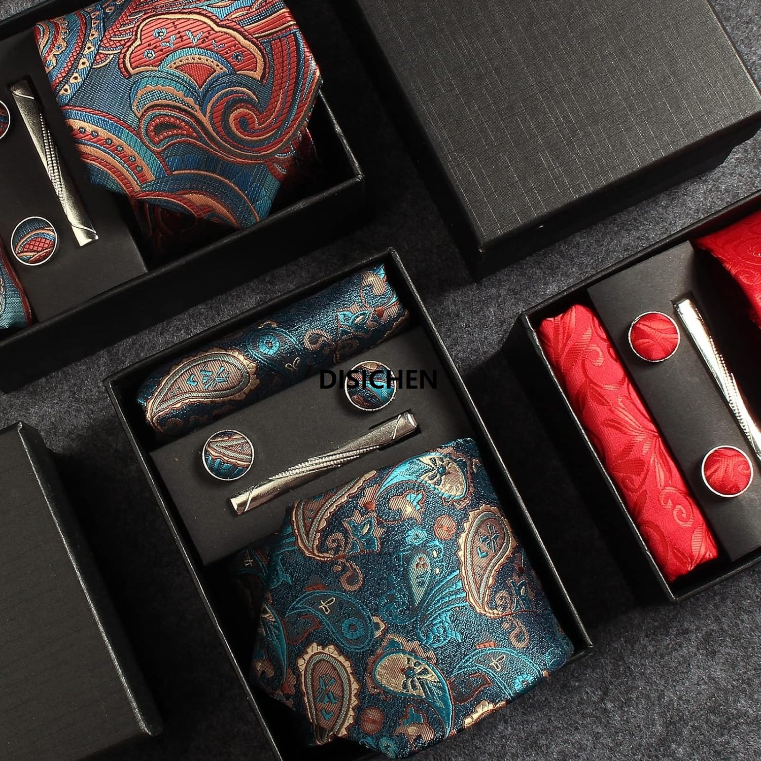 DISICHEN 100% Silk Necktie Paisley Floral Mens Tie Top Quality Business Tie Pocket Square Tie Clip Cufflinks Set Classic For Men Gift Box Bargain price