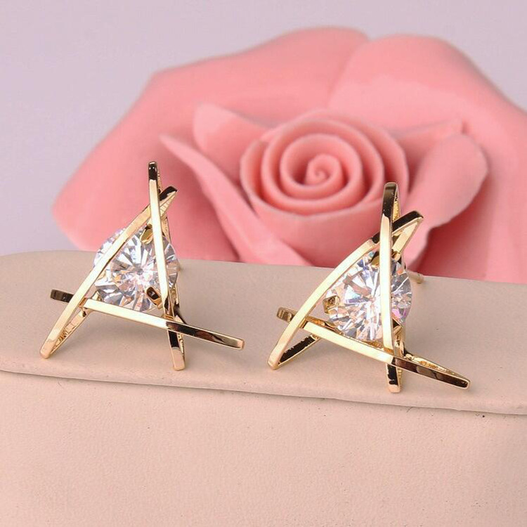 【New Arrivals】Blue cheese sea Korean female fashion hollow triangle zircon earrings micro inlaid white crystal earrings earrings direct supply